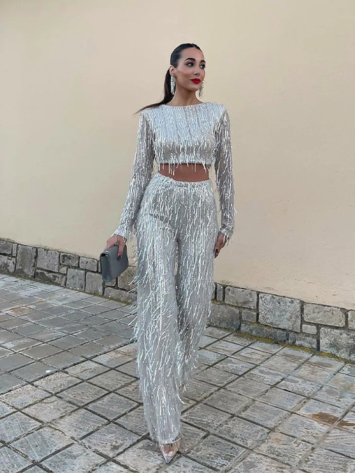 Sequins tassel crop top two-piece set