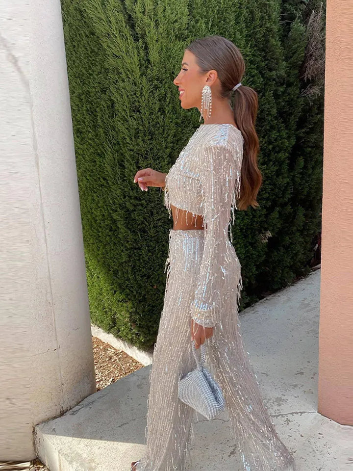 Sequins tassel crop top two-piece set
