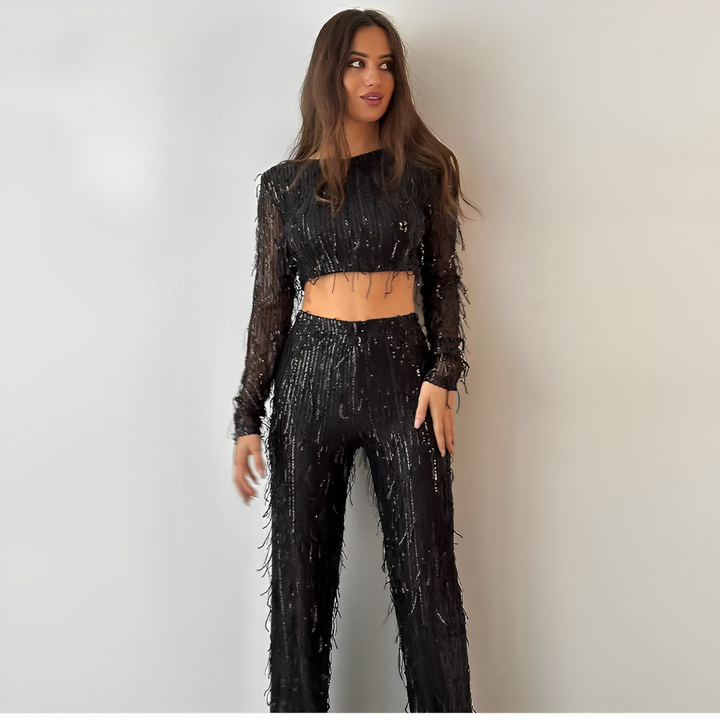 Sequins tassel crop top two-piece set