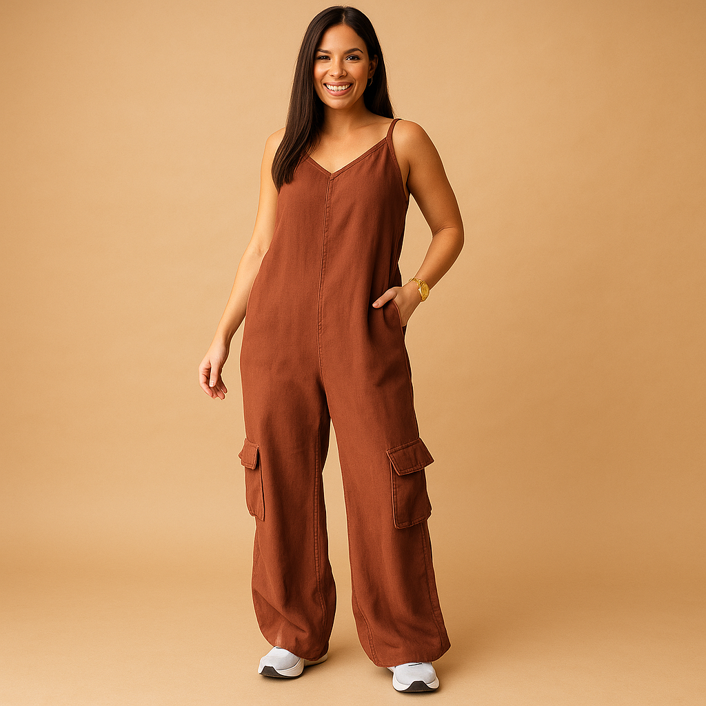 Valerie Women's Denim Jumpsuit with V-Neck and Open Back