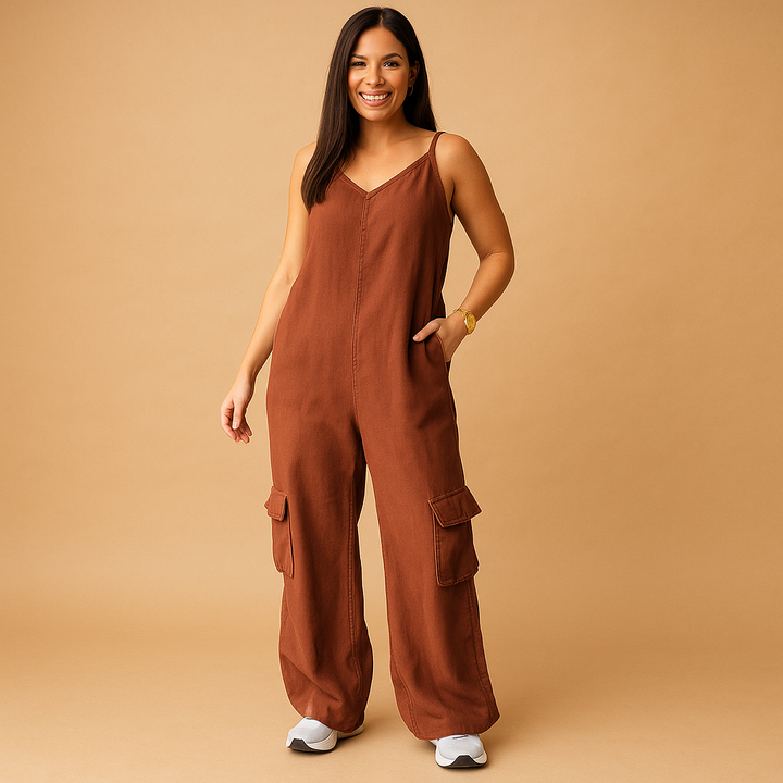 Valerie Women's Denim Jumpsuit with V-Neck and Open Back