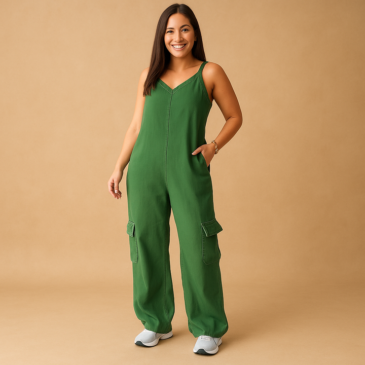 Valerie Women's Denim Jumpsuit with V-Neck and Open Back