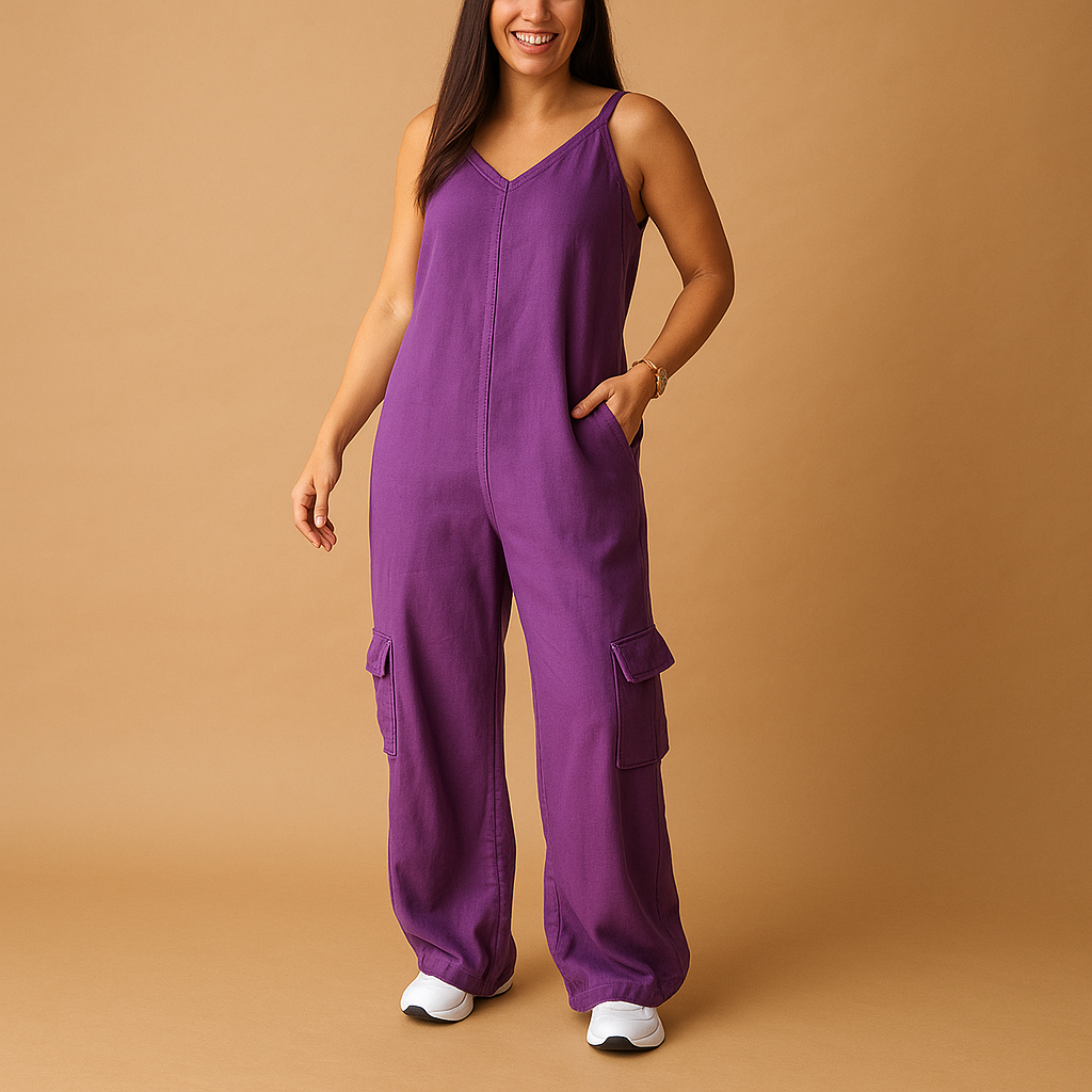 Valerie Women's Denim Jumpsuit with V-Neck and Open Back