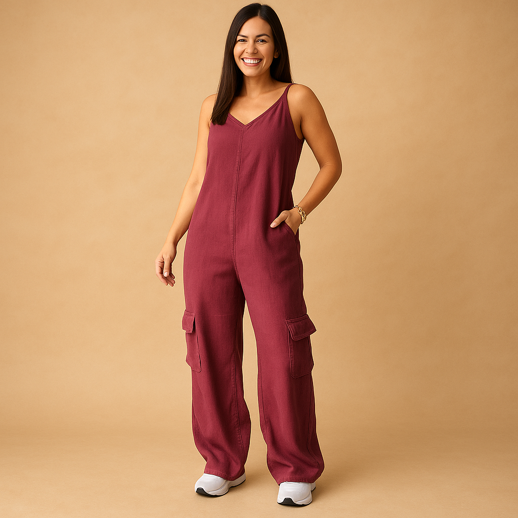Valerie Women's Denim Jumpsuit with V-Neck and Open Back