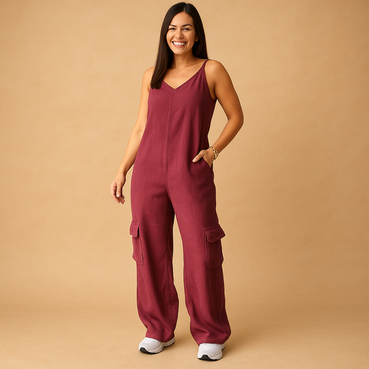 Valerie Women's Denim Jumpsuit with V-Neck and Open Back