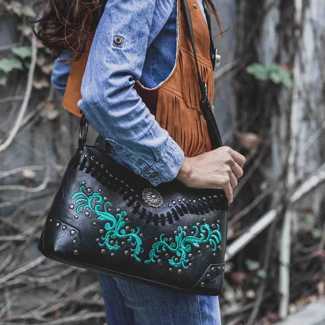 Embroidered Studded Leather Bag