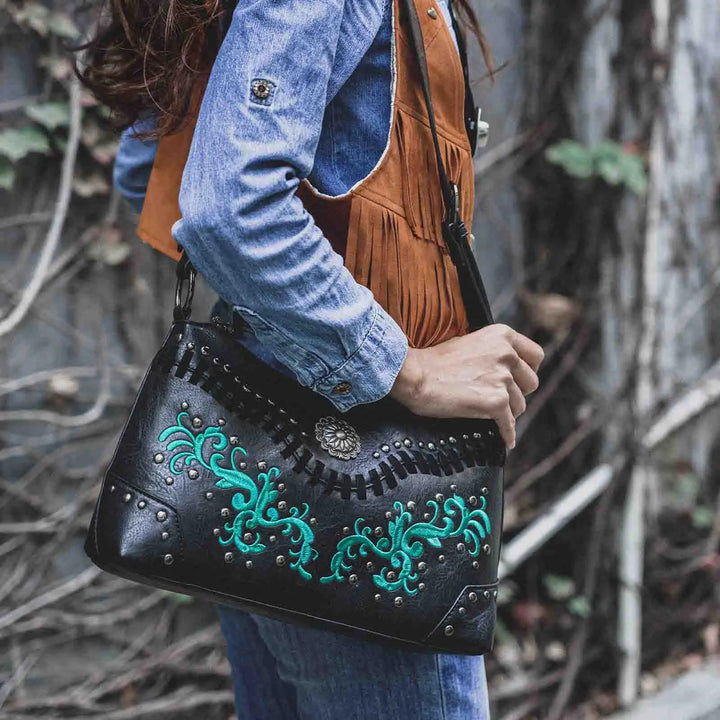 Embroidered Studded Leather Bag