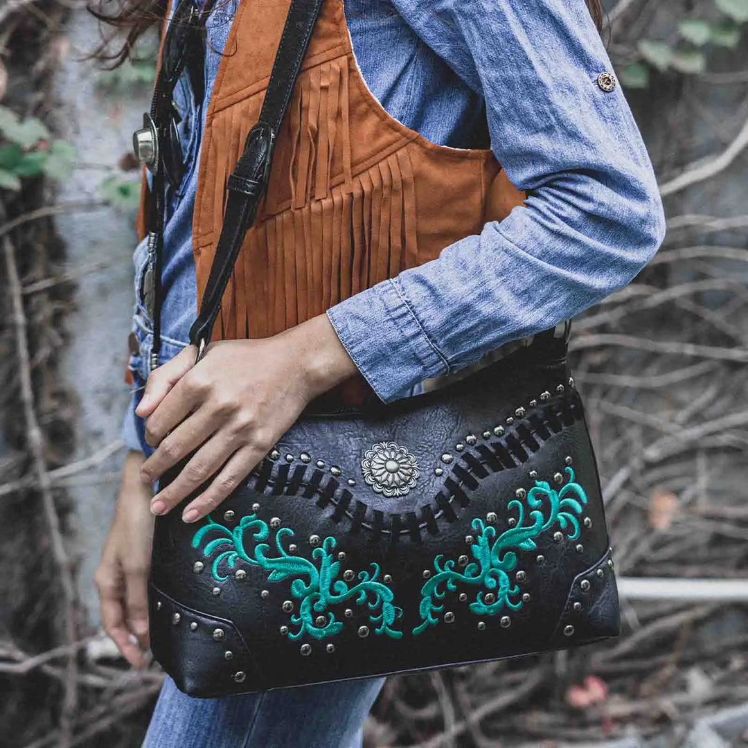 Embroidered Studded Leather Bag